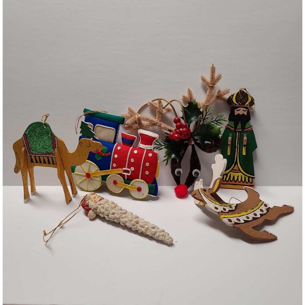Vintage Handmade Christmas Ornaments Wooden Nativity Reindeer Santa And Train